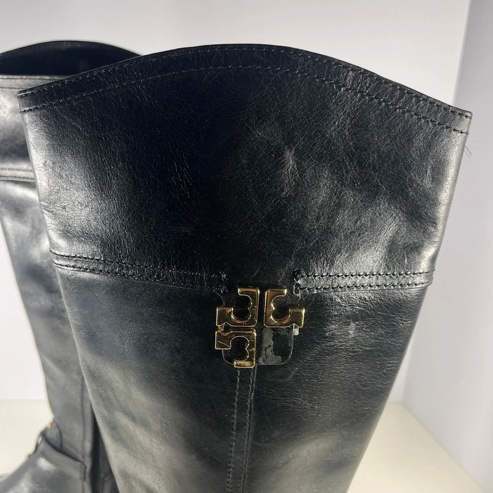 Tory Burch Eloise Tall Riding Boots Womens 7M Black Leather Knee High Equestrian